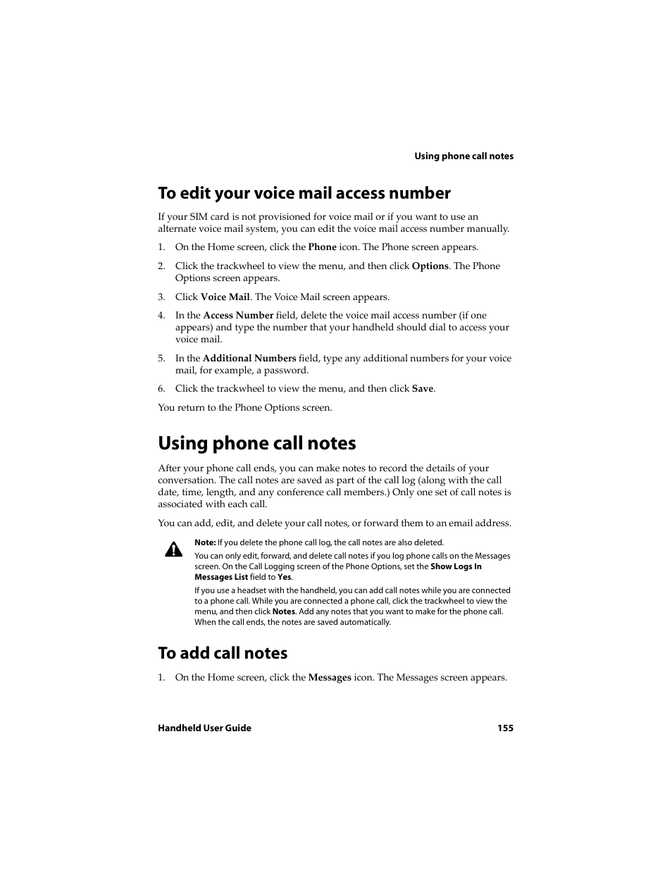 To edit your voice mail access number, Using phone call notes, To add call notes | Blackberry 6710 User Manual | Page 155 / 309