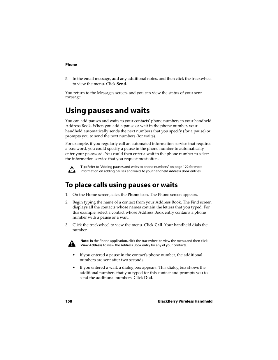 Using pauses and waits, To place calls using pauses or waits | Blackberry 6710 User Manual | Page 158 / 309