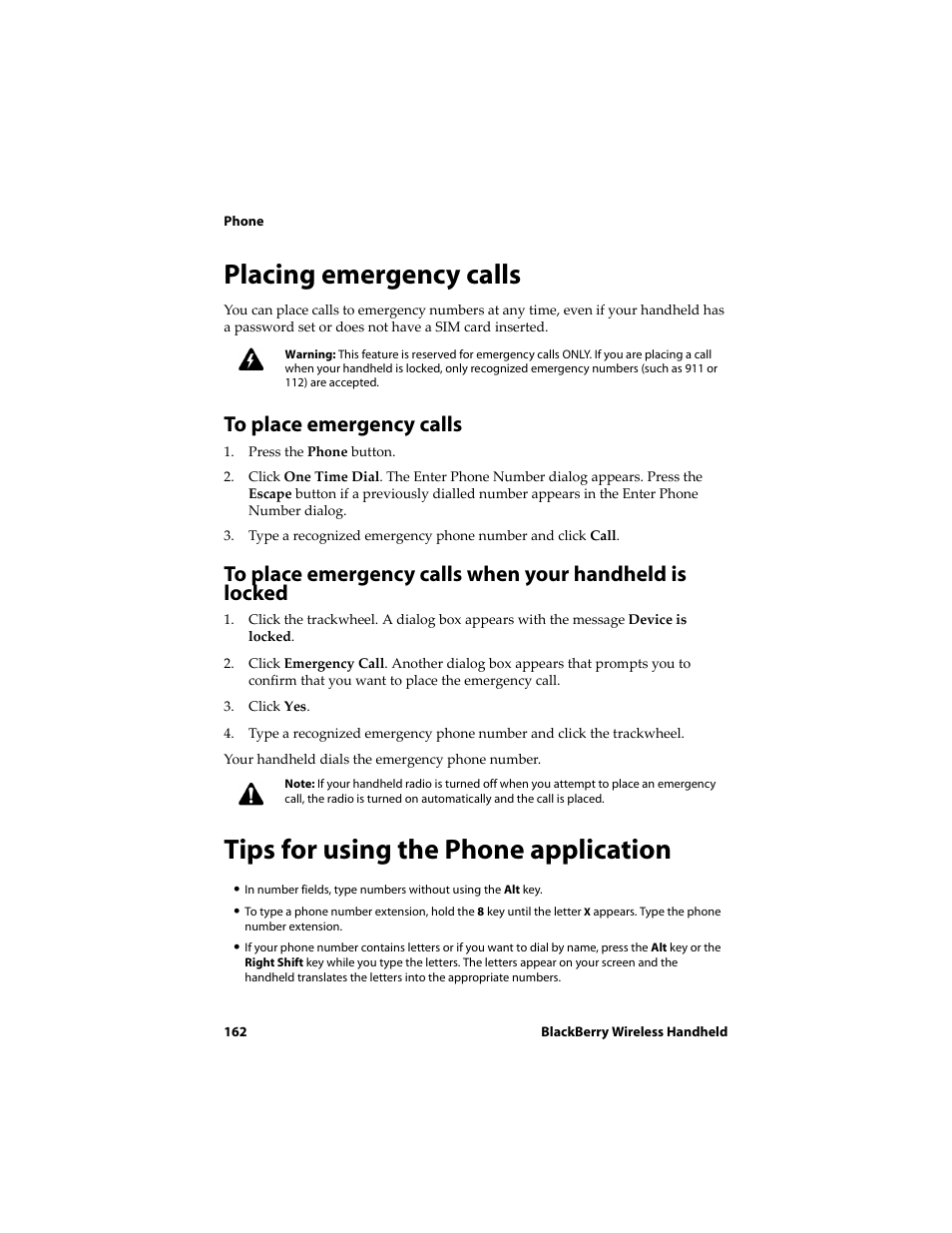 Placing emergency calls, To place emergency calls, Tips for using the phone application | Blackberry 6710 User Manual | Page 162 / 309