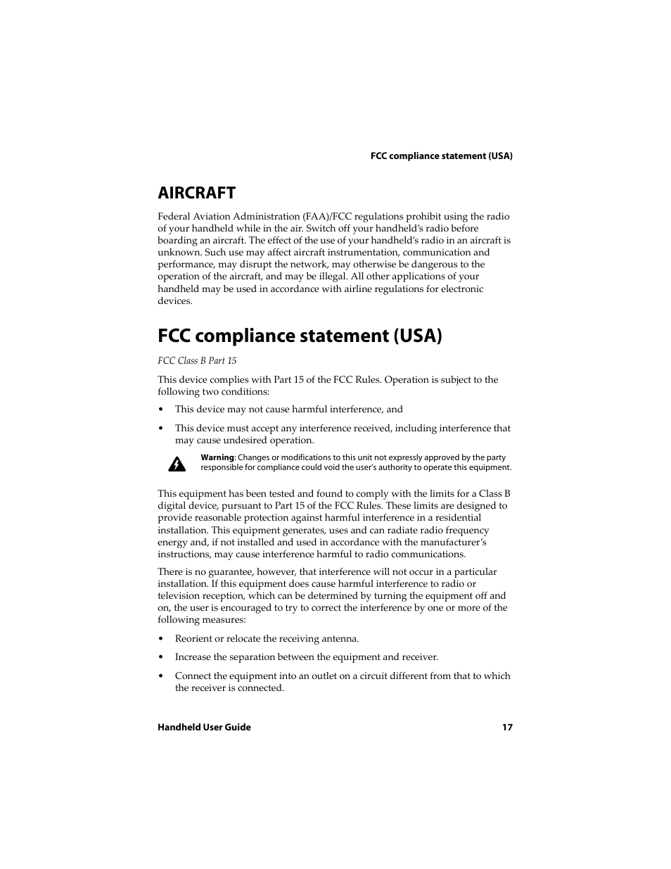 Aircraft, Fcc compliance statement (usa) | Blackberry 6710 User Manual | Page 17 / 309