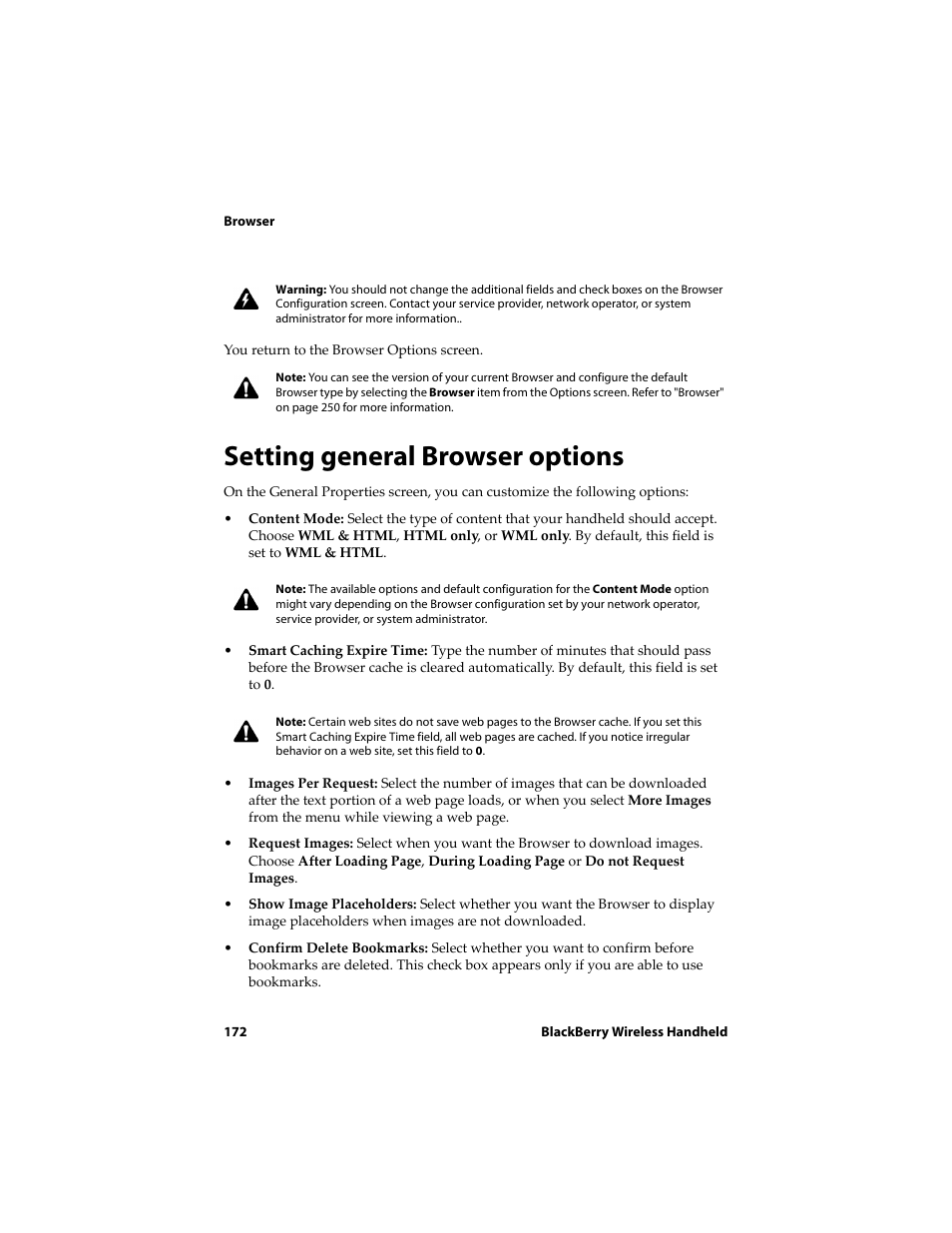 Setting general browser options | Blackberry 6710 User Manual | Page 172 / 309