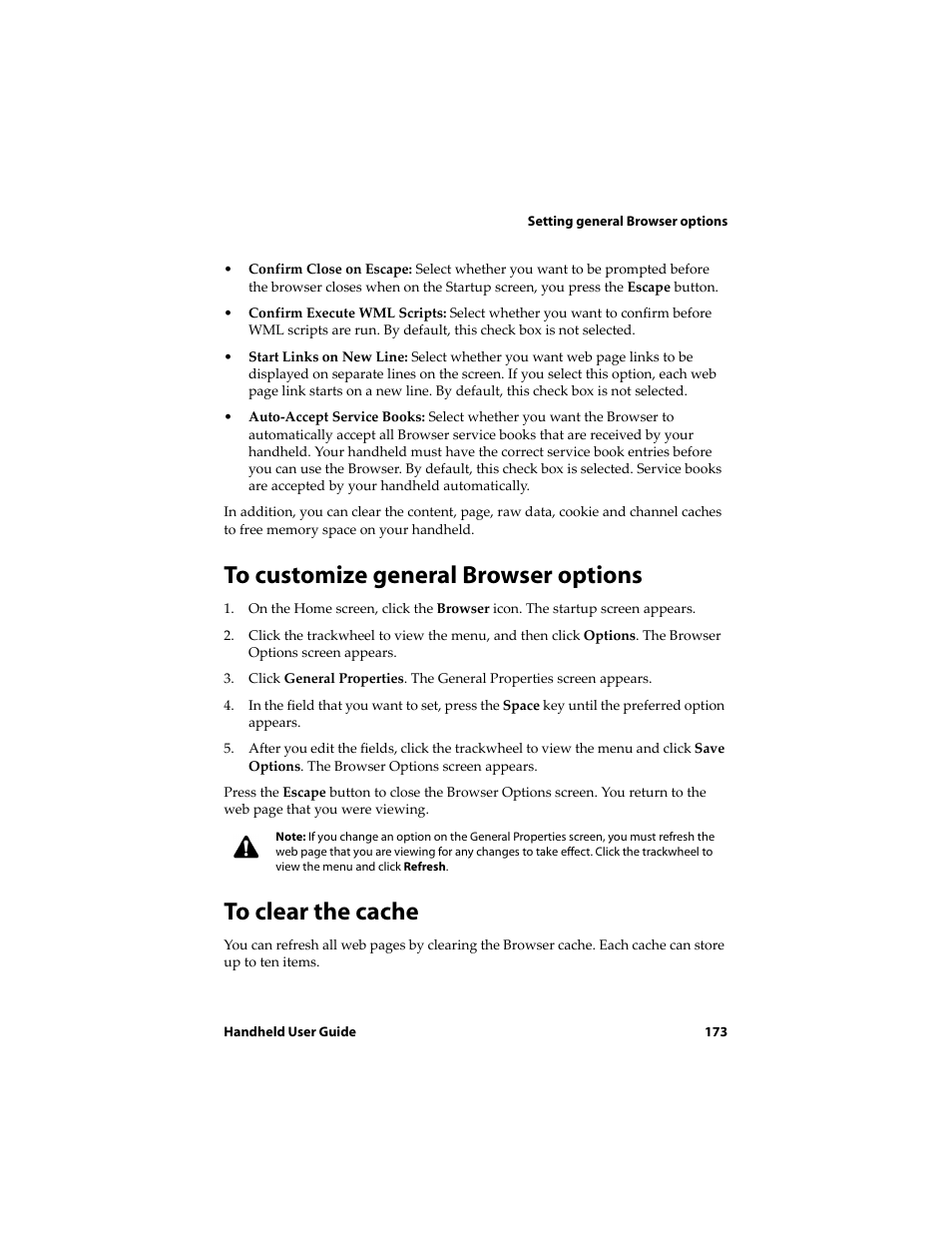 To customize general browser options, To clear the cache | Blackberry 6710 User Manual | Page 173 / 309