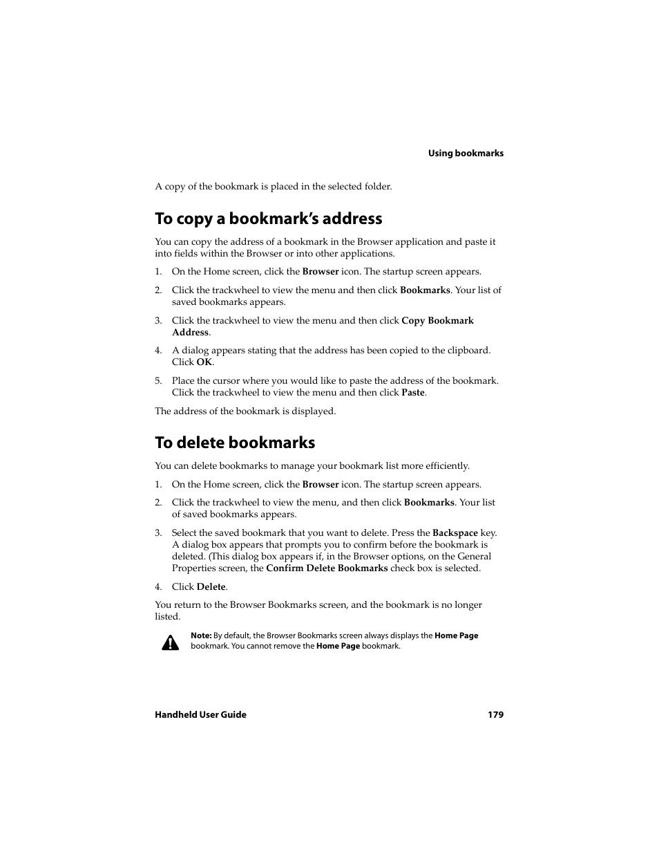 To copy a bookmark’s address, To delete bookmarks | Blackberry 6710 User Manual | Page 179 / 309