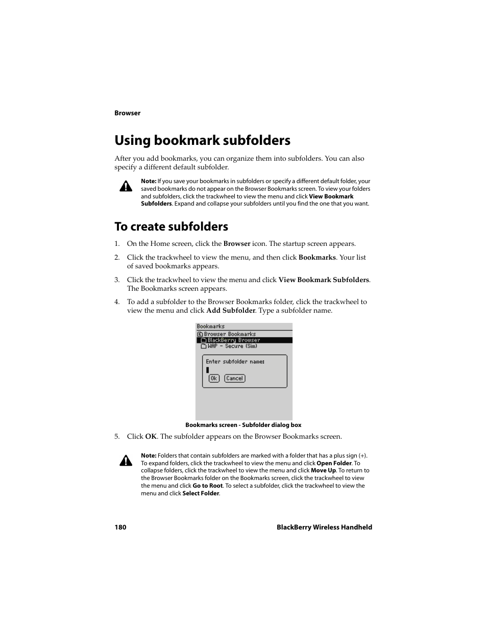 Using bookmark subfolders, To create subfolders | Blackberry 6710 User Manual | Page 180 / 309