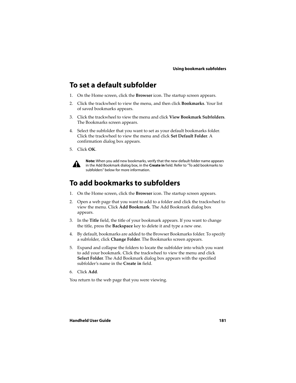 To set a default subfolder, To add bookmarks to subfolders | Blackberry 6710 User Manual | Page 181 / 309