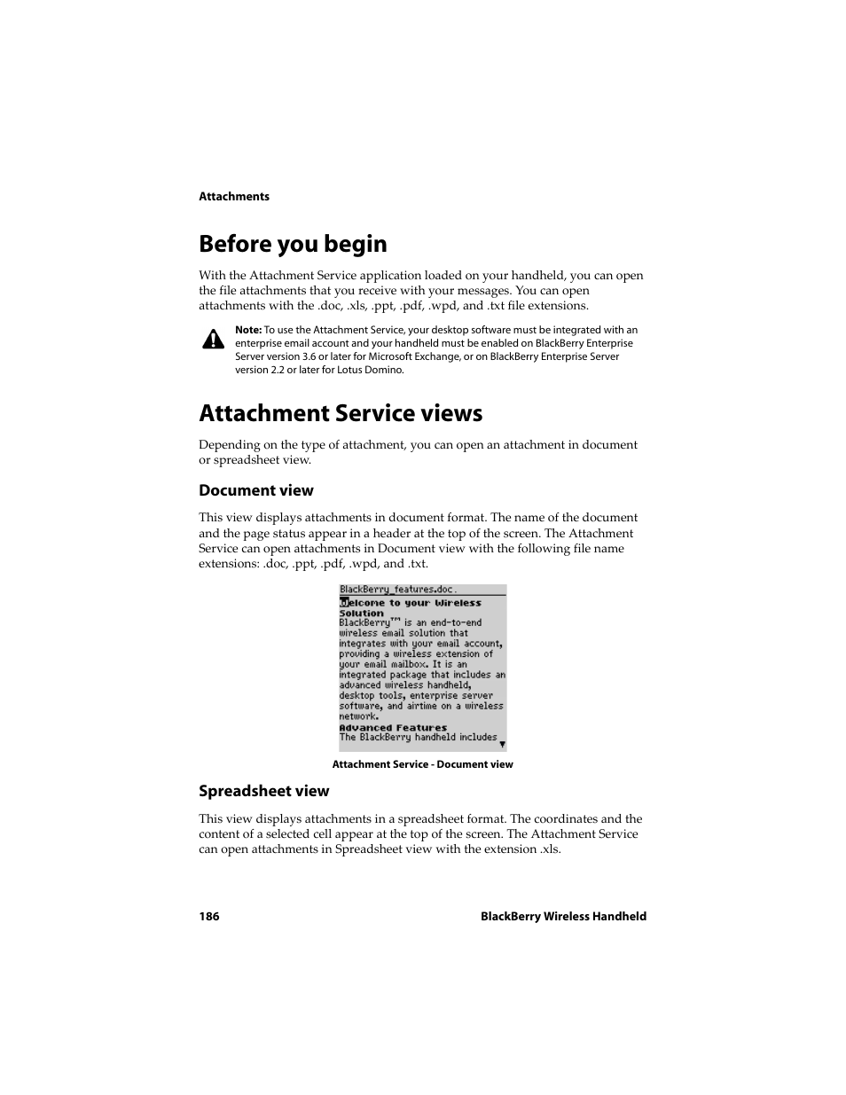 Before you begin, Attachment service views, Before you begin attachment service views | Blackberry 6710 User Manual | Page 186 / 309