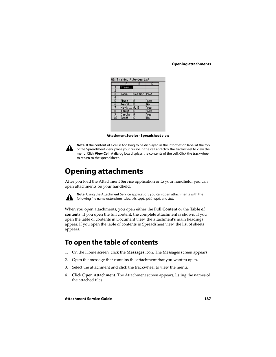 Opening attachments, To open the table of contents | Blackberry 6710 User Manual | Page 187 / 309
