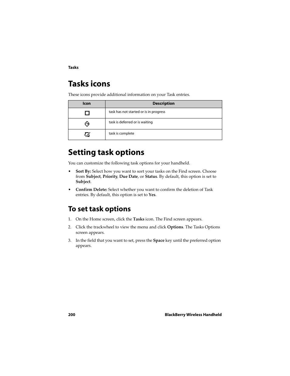Tasks icons, Setting task options, To set task options | Tasks icons setting task options | Blackberry 6710 User Manual | Page 200 / 309