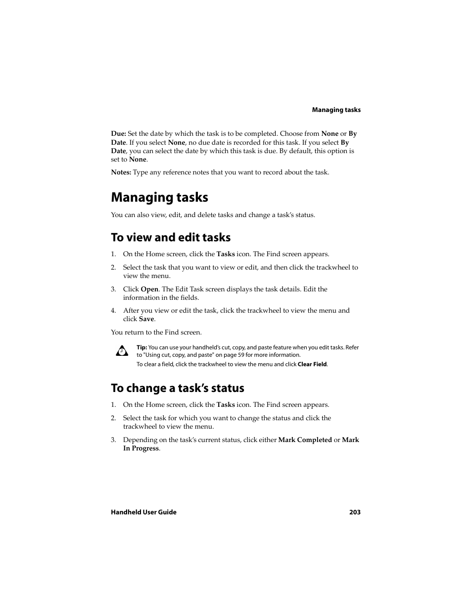 Managing tasks, To view and edit tasks, To change a task’s status | Blackberry 6710 User Manual | Page 203 / 309