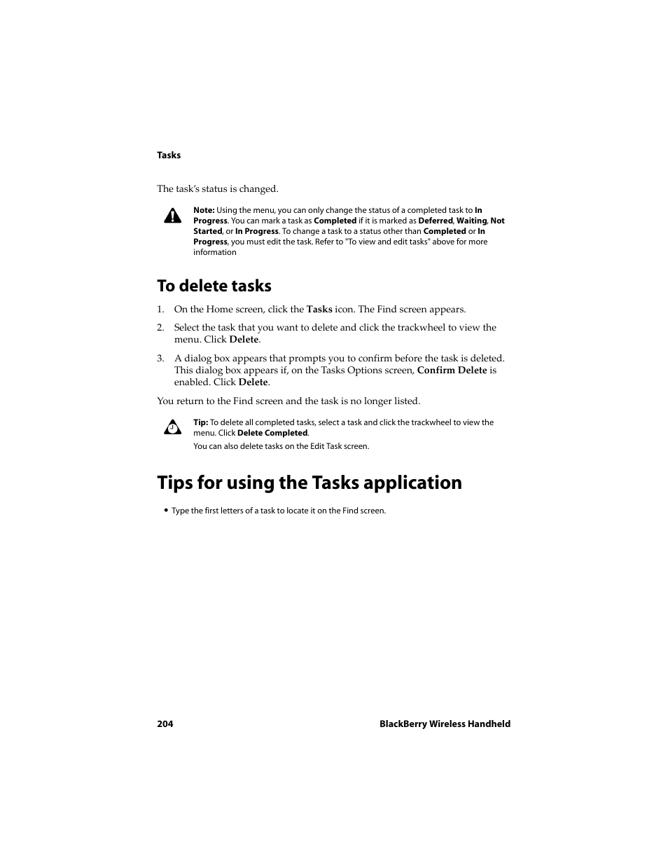 To delete tasks, Tips for using the tasks application | Blackberry 6710 User Manual | Page 204 / 309