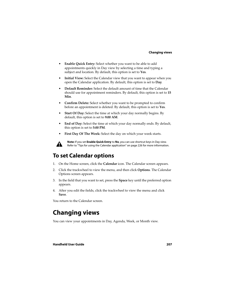 To set calendar options, Changing views | Blackberry 6710 User Manual | Page 207 / 309
