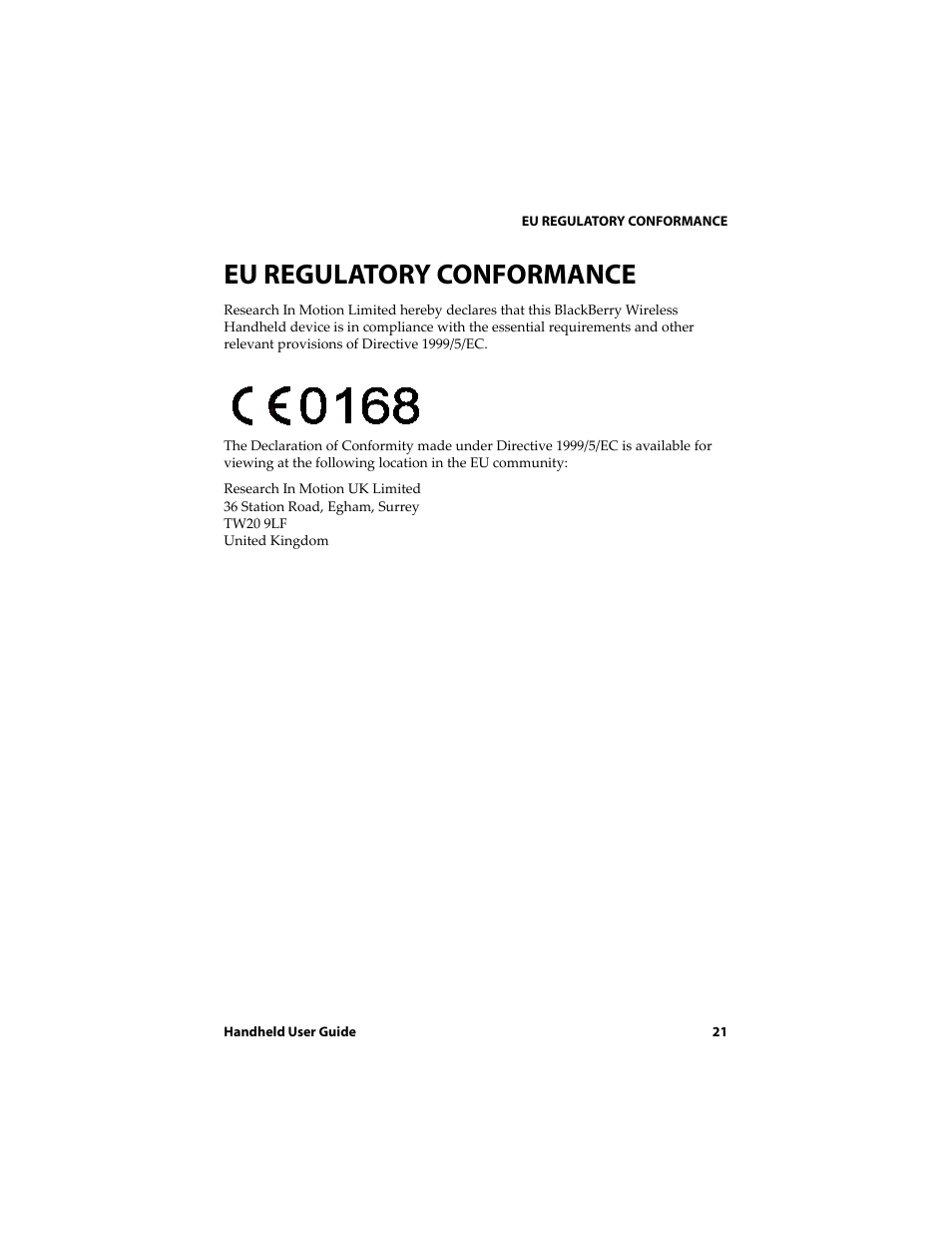 Eu regulatory conformance | Blackberry 6710 User Manual | Page 21 / 309
