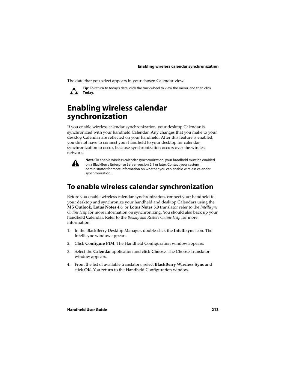 Enabling wireless calendar synchronization, To enable wireless calendar synchronization | Blackberry 6710 User Manual | Page 213 / 309