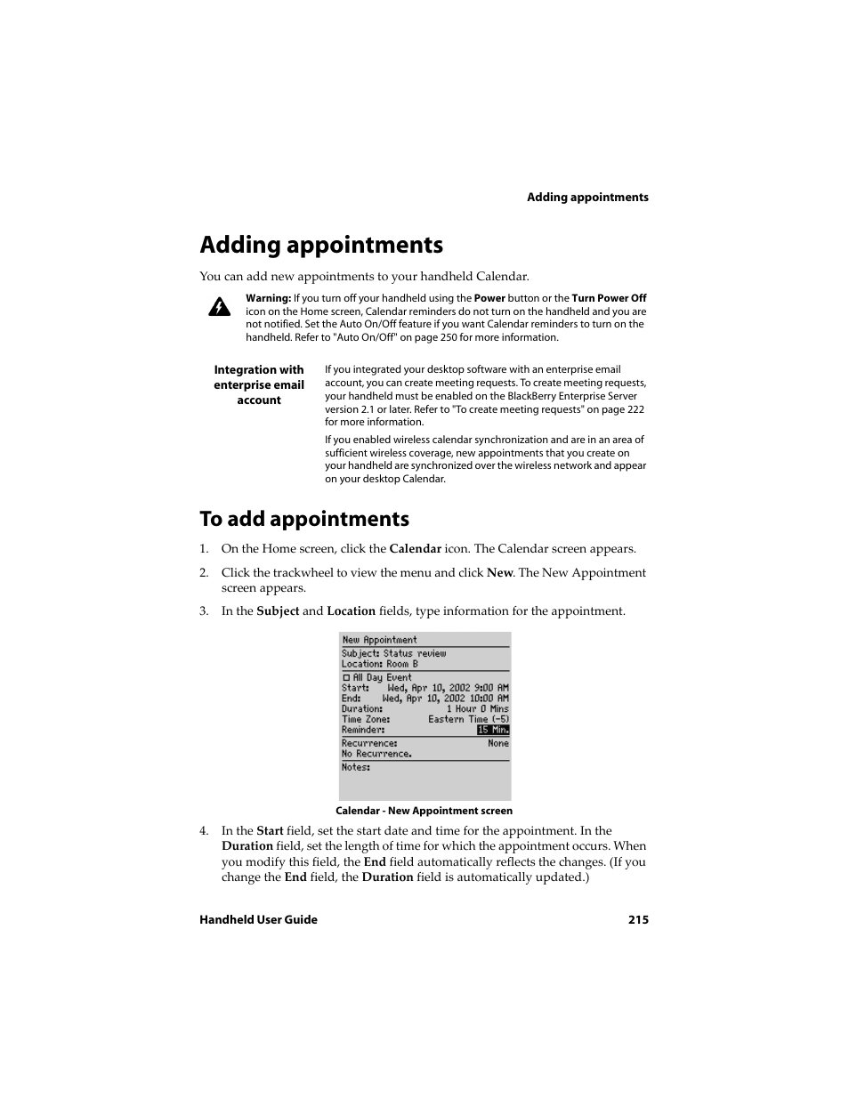 Adding appointments, To add appointments | Blackberry 6710 User Manual | Page 215 / 309