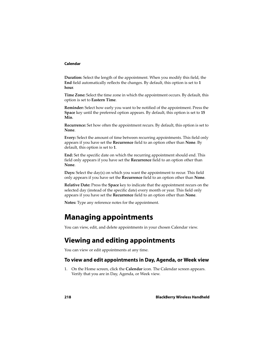 Managing appointments, Viewing and editing appointments | Blackberry 6710 User Manual | Page 218 / 309