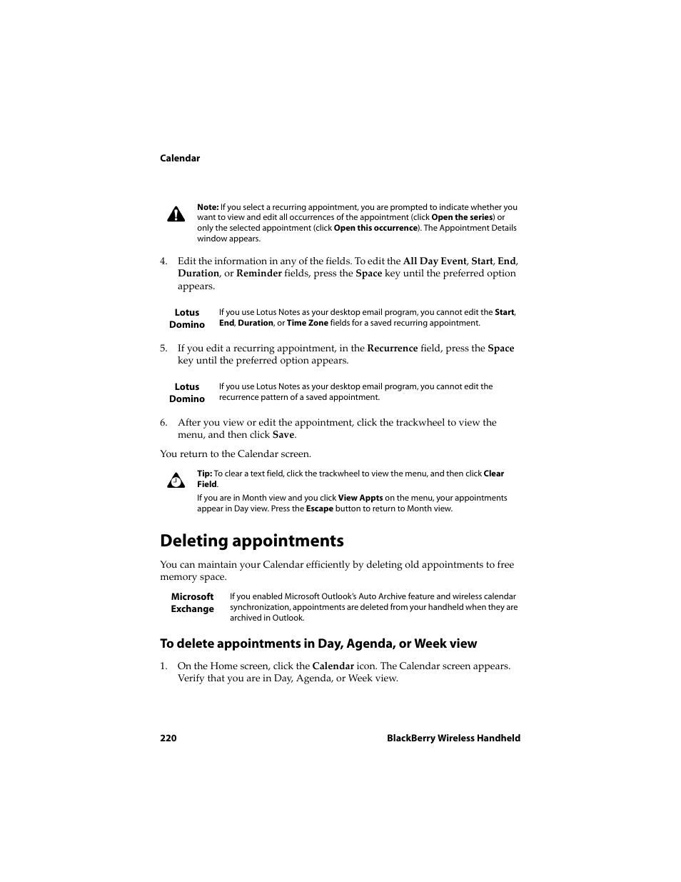 Deleting appointments | Blackberry 6710 User Manual | Page 220 / 309