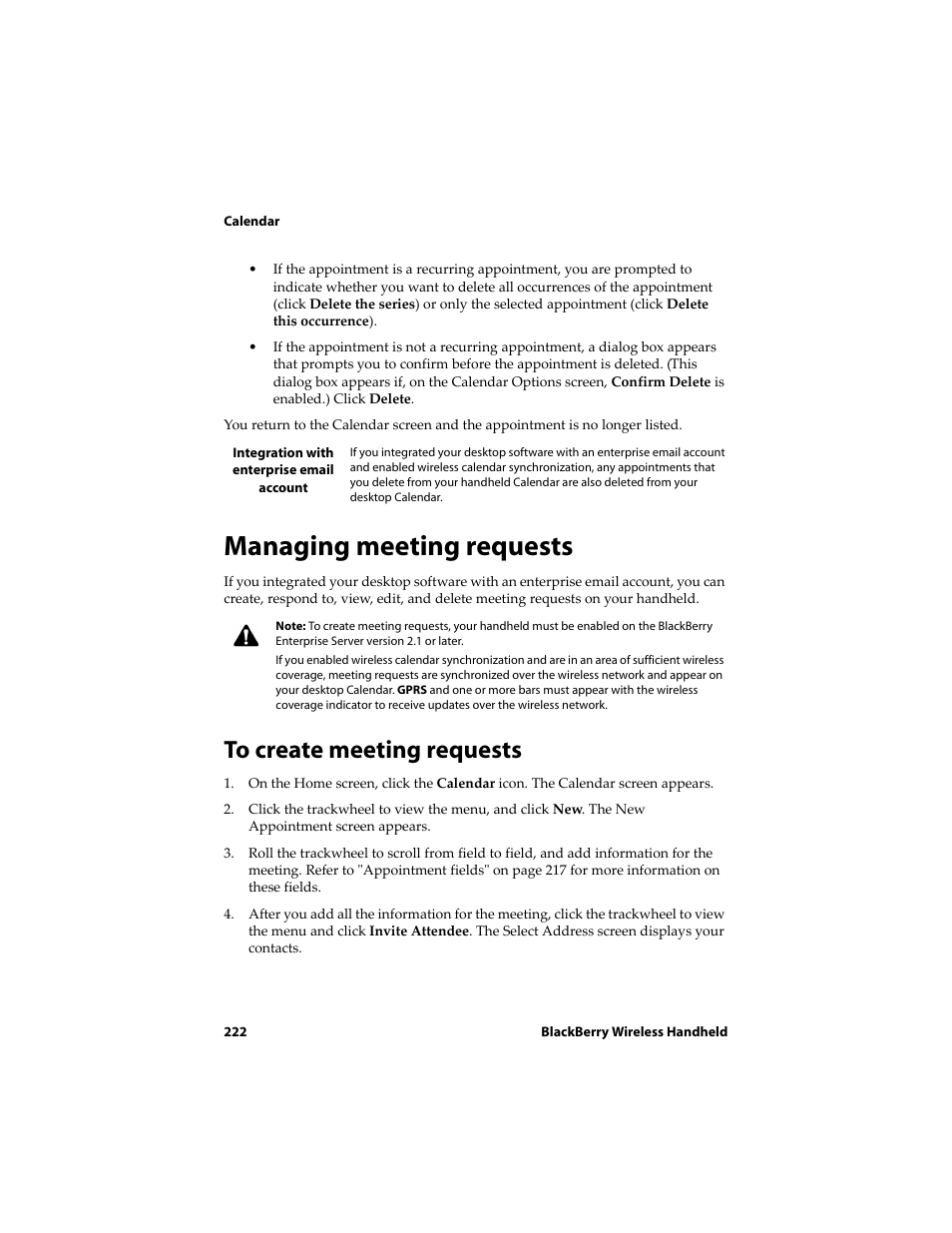 Managing meeting requests, To create meeting requests | Blackberry 6710 User Manual | Page 222 / 309