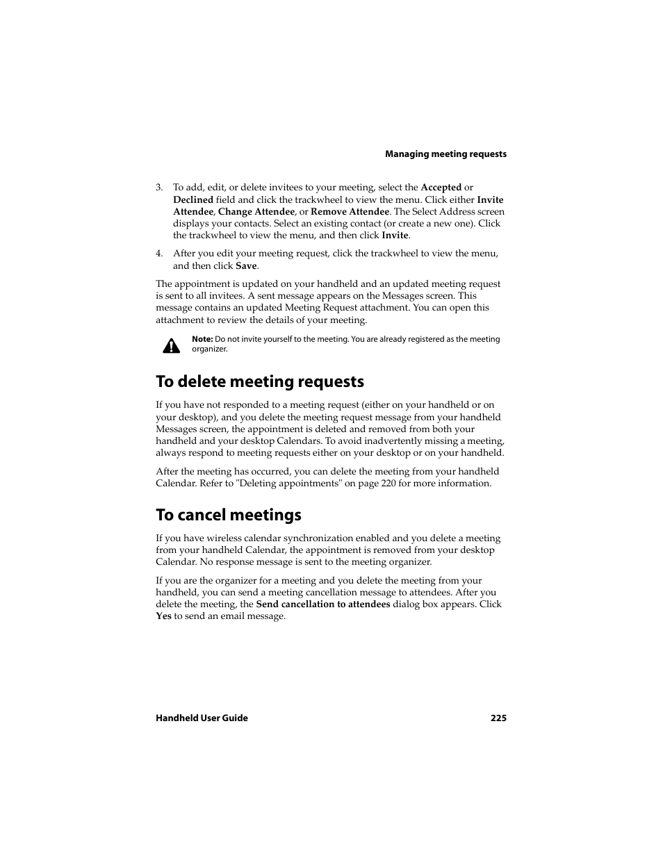 To delete meeting requests, To cancel meetings | Blackberry 6710 User Manual | Page 225 / 309