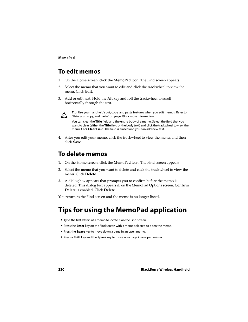 To edit memos, To delete memos, Tips for using the memopad application | Blackberry 6710 User Manual | Page 230 / 309
