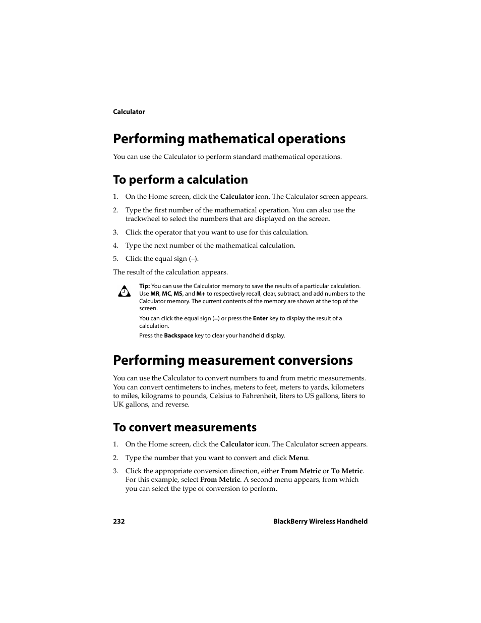 Performing mathematical operations, To perform a calculation, Performing measurement conversions | To convert measurements | Blackberry 6710 User Manual | Page 232 / 309