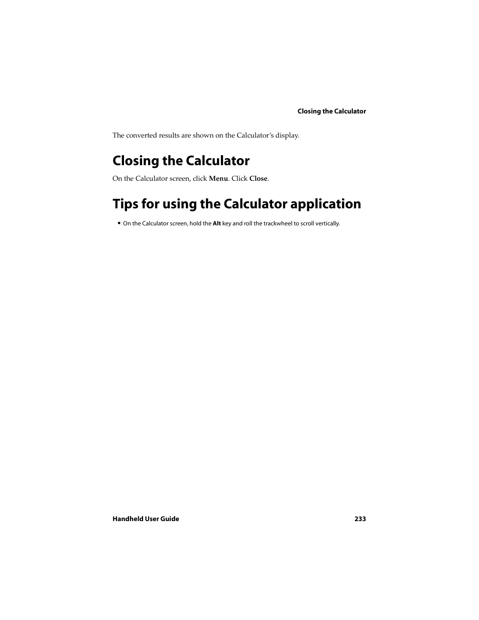 Closing the calculator, Tips for using the calculator application, Exiting the calculator | Blackberry 6710 User Manual | Page 233 / 309
