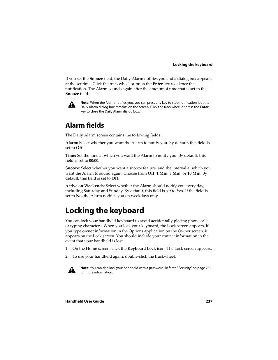 Alarm fields, Locking the keyboard | Blackberry 6710 User Manual | Page 237 / 309