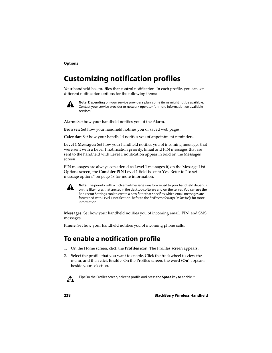 Customizing notification profiles, To enable a notification profile | Blackberry 6710 User Manual | Page 238 / 309
