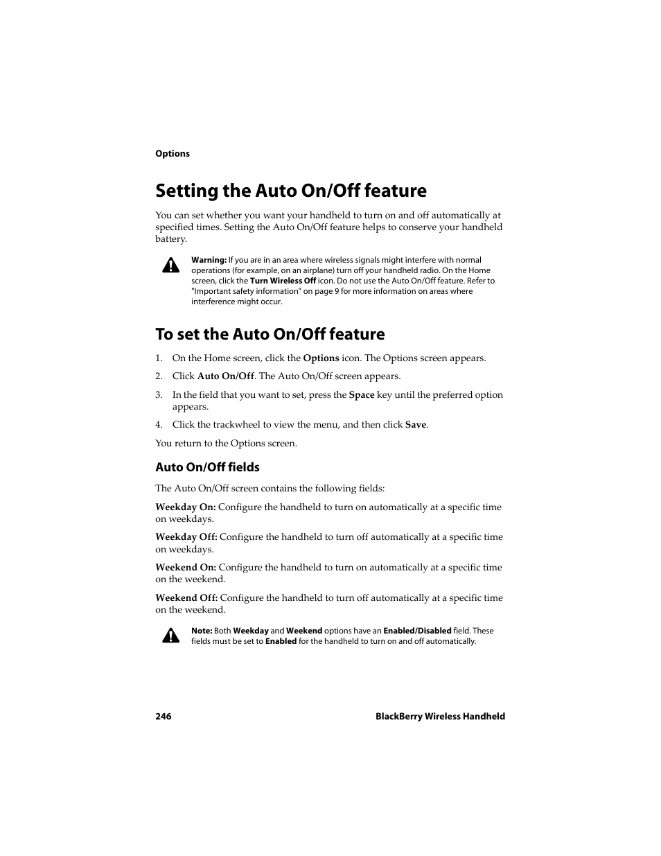 Setting the auto on/off feature, To set the auto on/off feature | Blackberry 6710 User Manual | Page 246 / 309