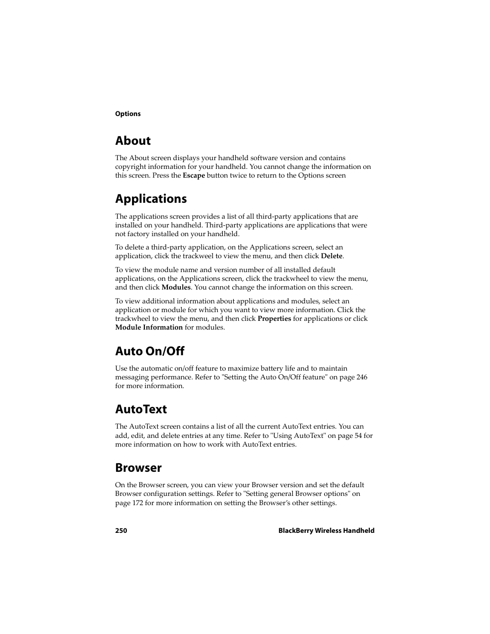 About, Applications, Auto on/off | Autotext, Browser | Blackberry 6710 User Manual | Page 250 / 309