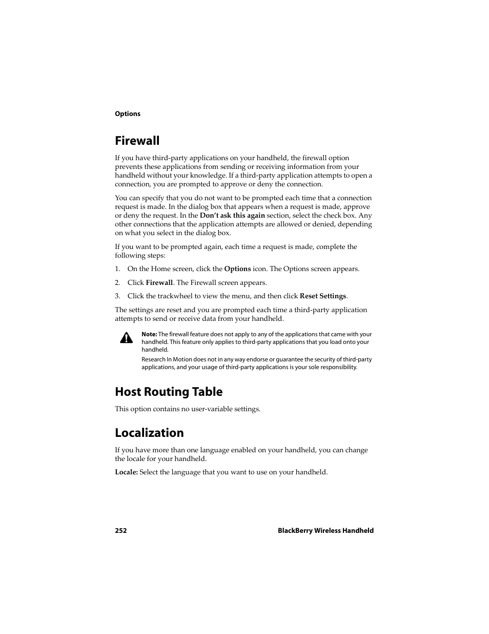 Firewall, Host routing table, Localization | Blackberry 6710 User Manual | Page 252 / 309