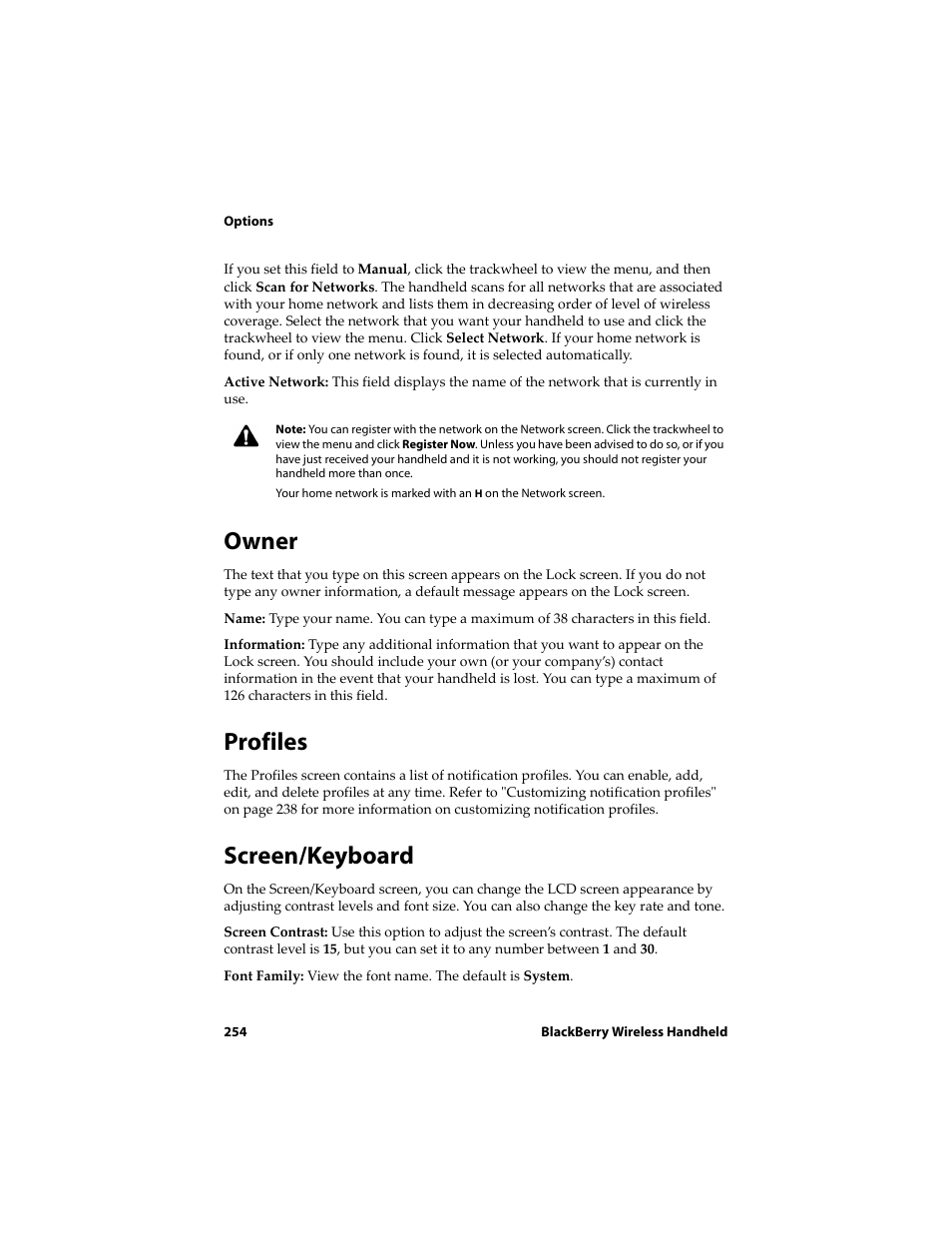 Owner, Profiles, Screen/keyboard | Blackberry 6710 User Manual | Page 254 / 309
