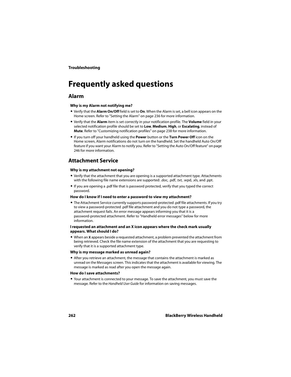 Frequently asked questions, Alarm, Attachment service | Blackberry 6710 User Manual | Page 262 / 309