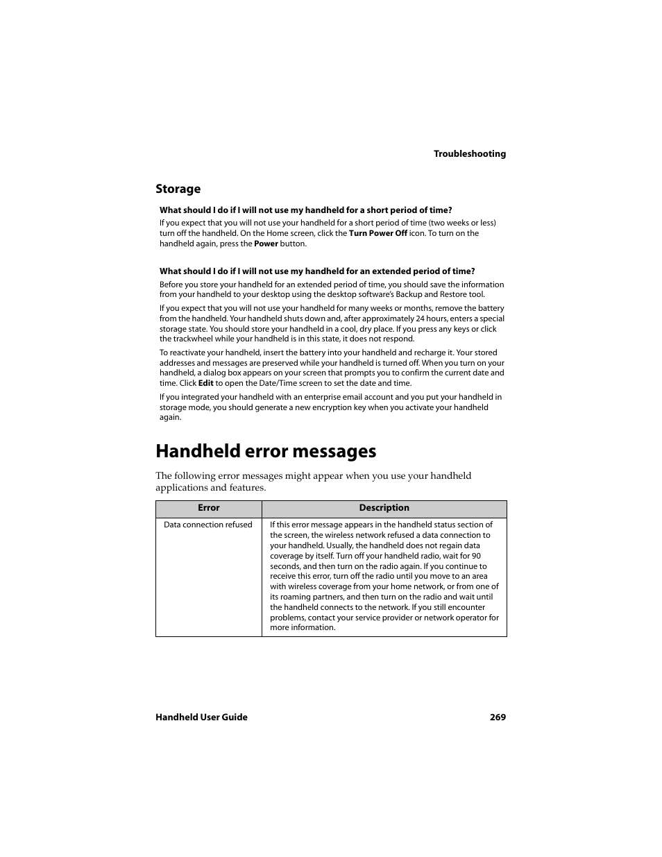 Handheld error messages, Storage | Blackberry 6710 User Manual | Page 269 / 309