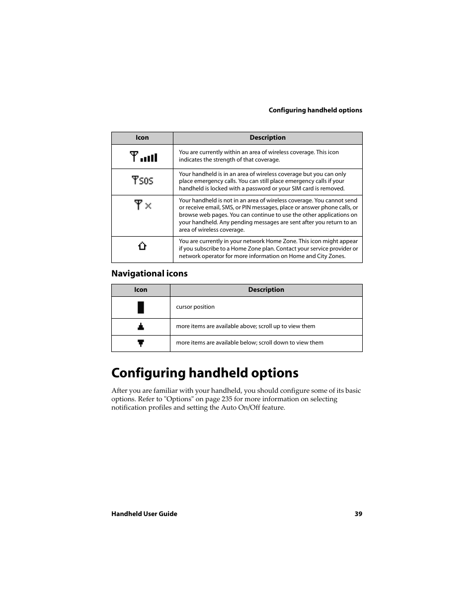 Configuring handheld options, Navigational icons | Blackberry 6710 User Manual | Page 39 / 309