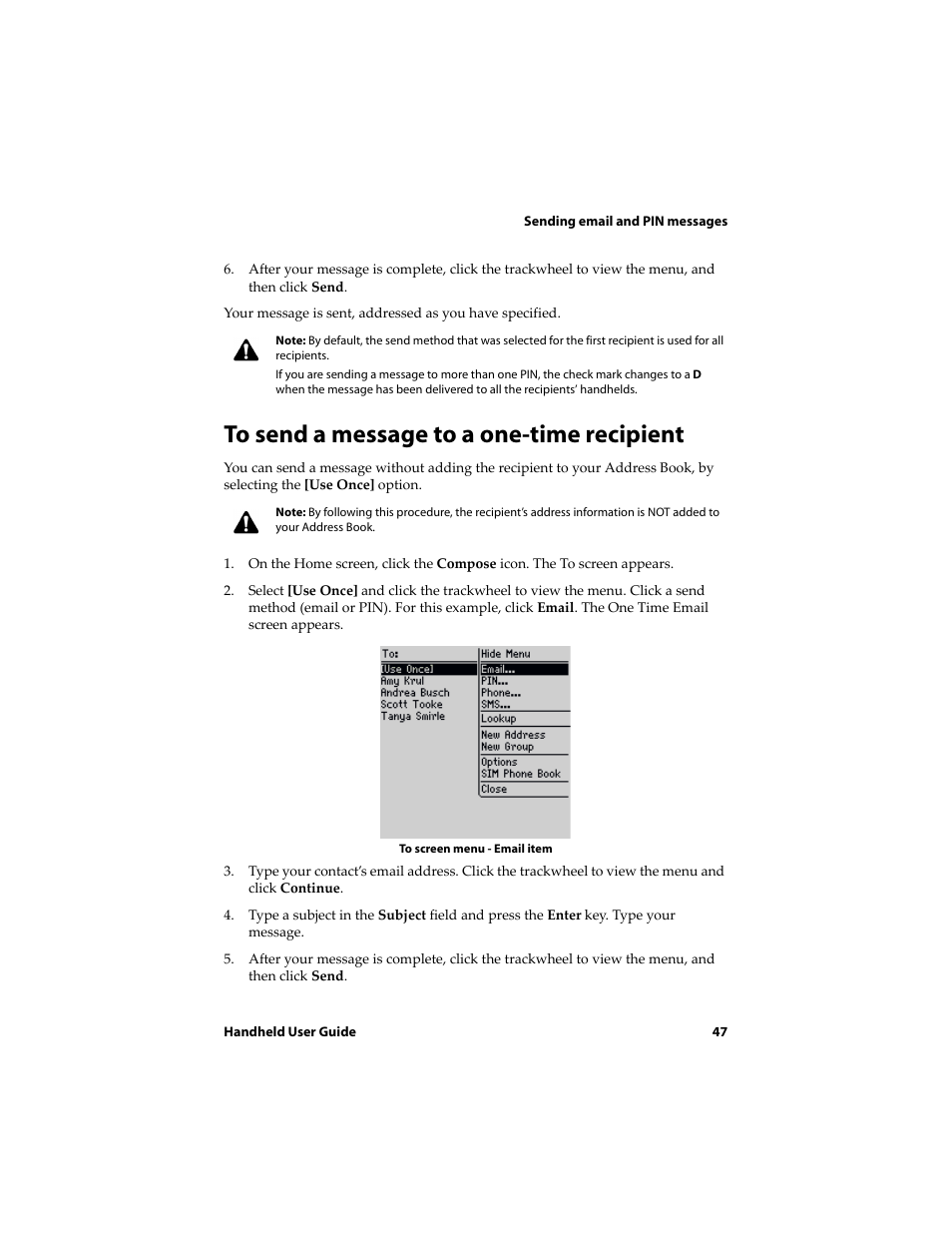 To send a message to a one-time recipient | Blackberry 6710 User Manual | Page 47 / 309