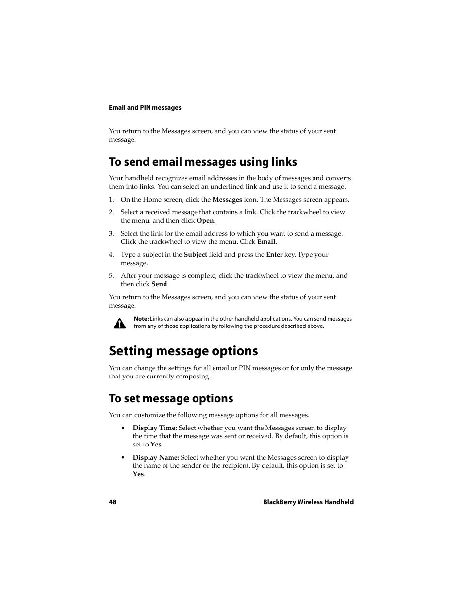 To send email messages using links, Setting message options, To set message options | Blackberry 6710 User Manual | Page 48 / 309