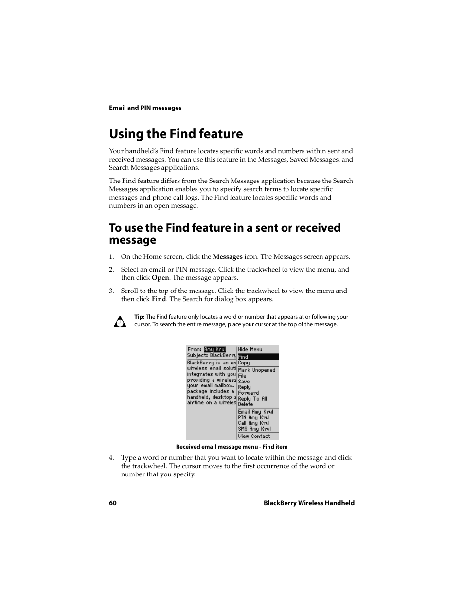 Using the find feature | Blackberry 6710 User Manual | Page 60 / 309