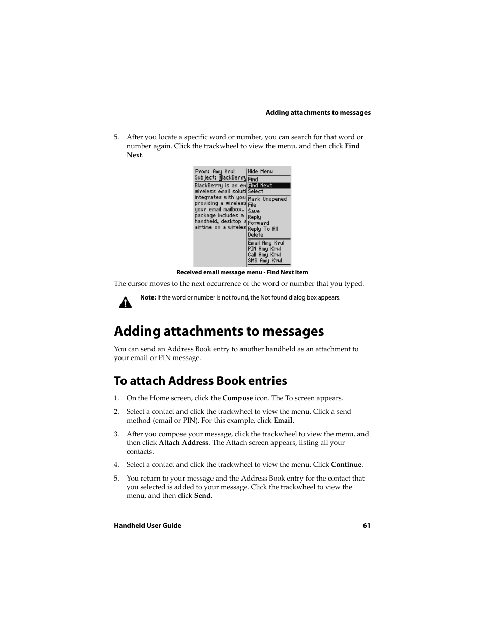 Adding attachments to messages, To attach address book entries | Blackberry 6710 User Manual | Page 61 / 309