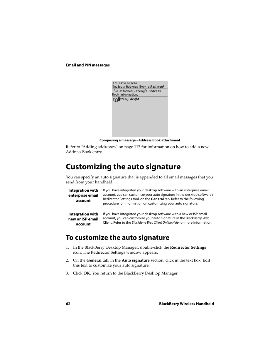 Customizing the auto signature, To customize the auto signature | Blackberry 6710 User Manual | Page 62 / 309