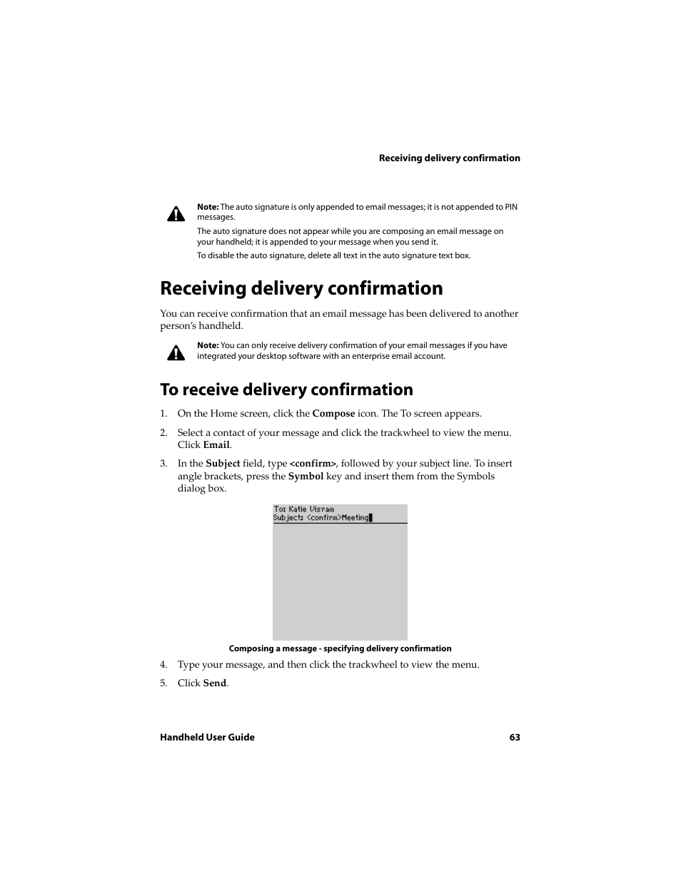 Receiving delivery confirmation, To receive delivery confirmation | Blackberry 6710 User Manual | Page 63 / 309