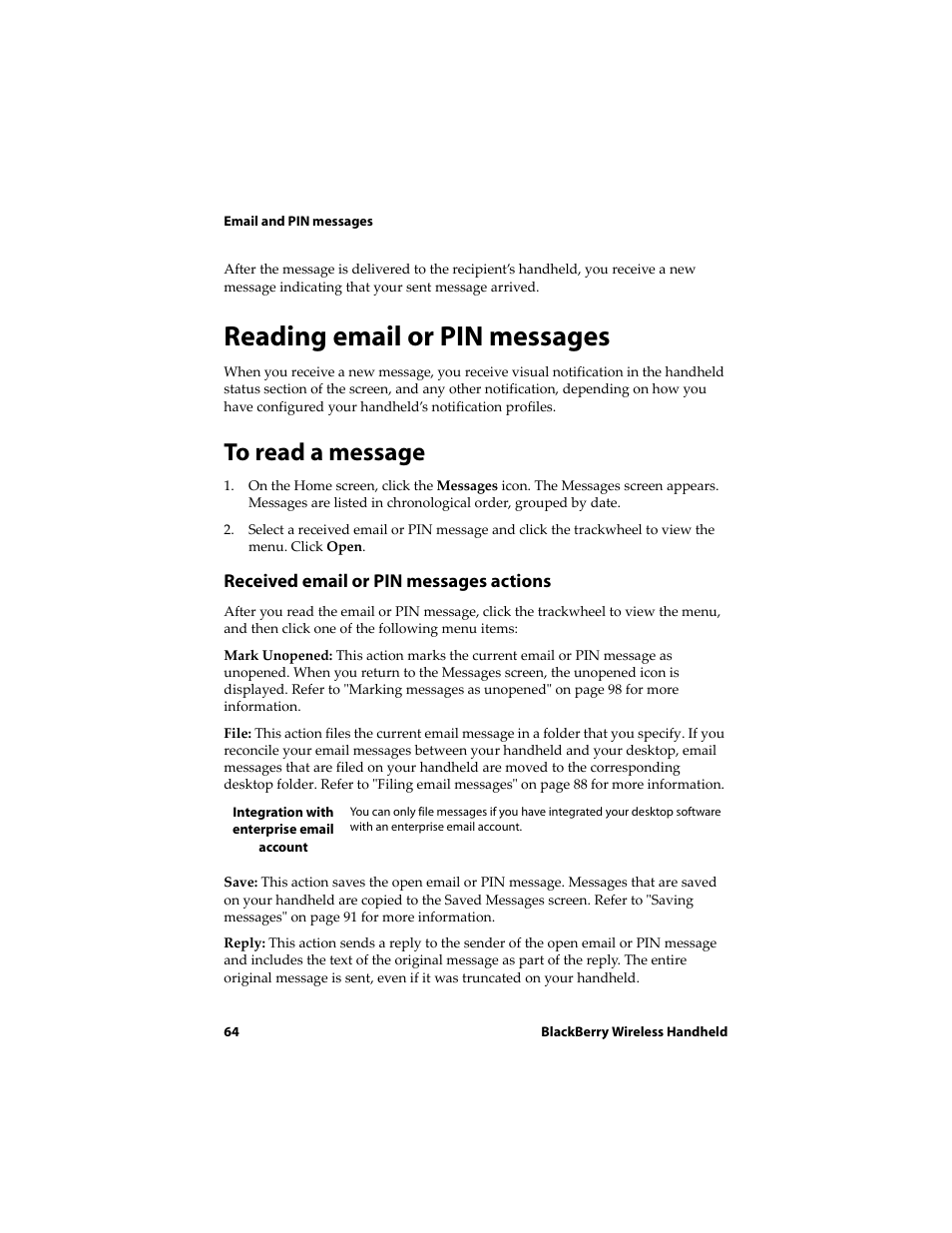 Reading email or pin messages, To read a message | Blackberry 6710 User Manual | Page 64 / 309