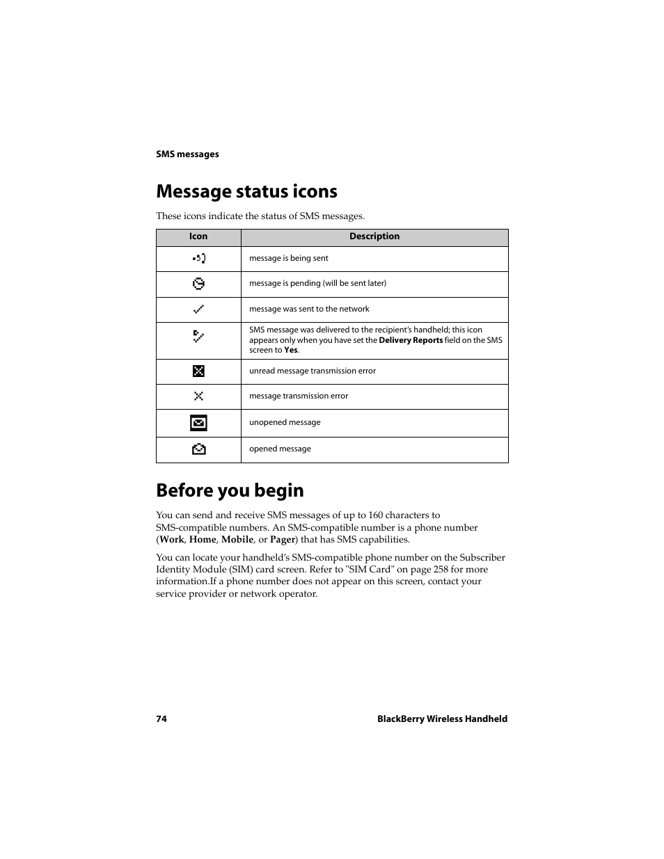 Message status icons, Before you begin, Message status icons before you begin | Blackberry 6710 User Manual | Page 74 / 309