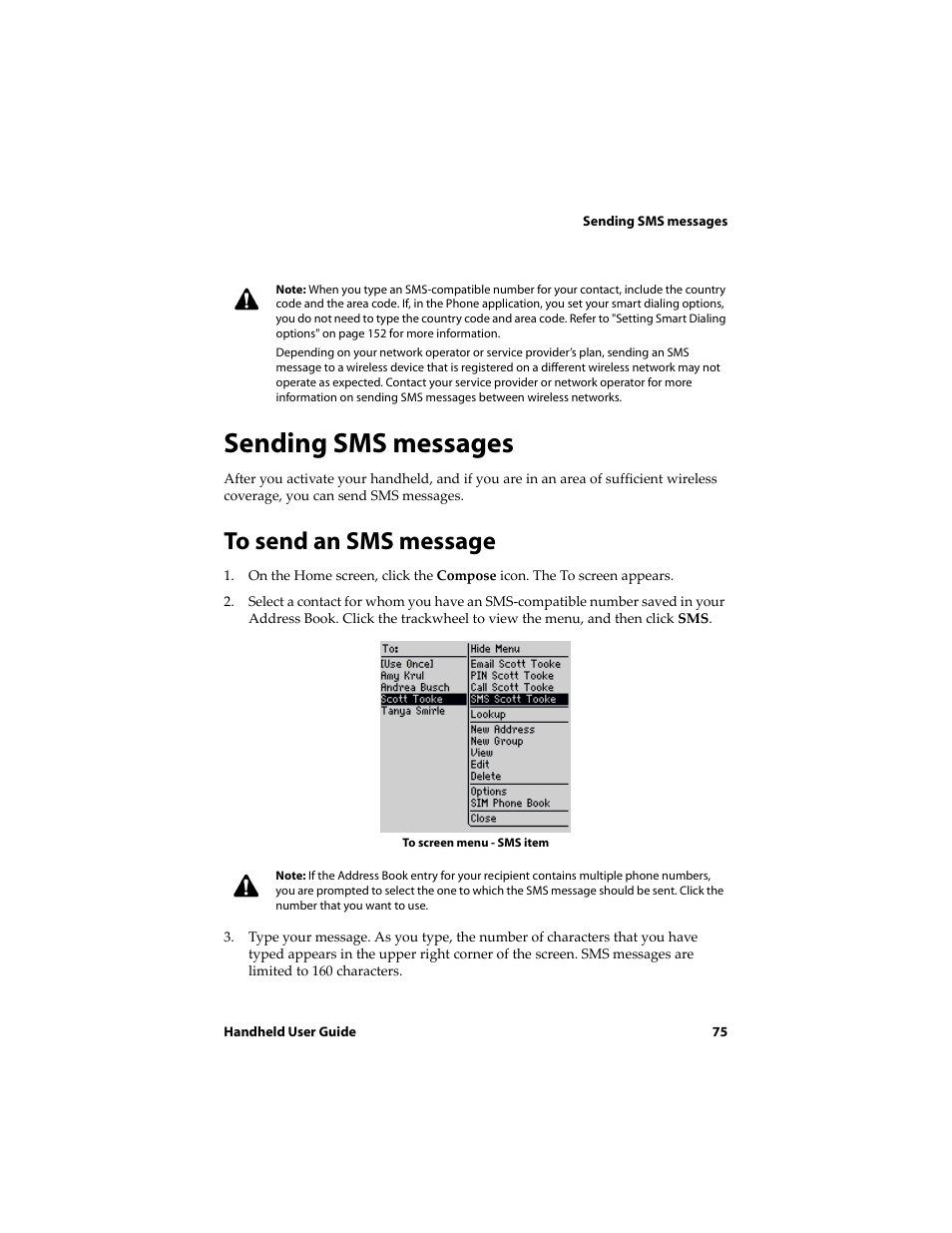 Sending sms messages, To send an sms message, Sending an sms message | Blackberry 6710 User Manual | Page 75 / 309