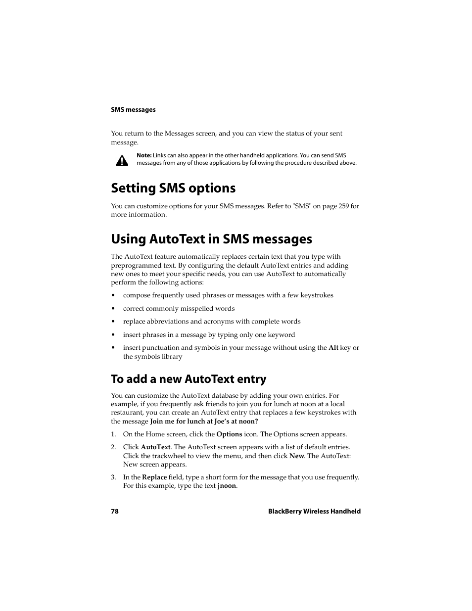 Setting sms options, Using autotext in sms messages, To add a new autotext entry | Setting sms options using autotext in sms messages | Blackberry 6710 User Manual | Page 78 / 309