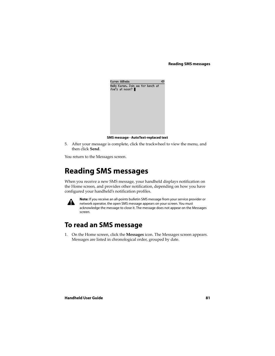 Reading sms messages, To read an sms message | Blackberry 6710 User Manual | Page 81 / 309