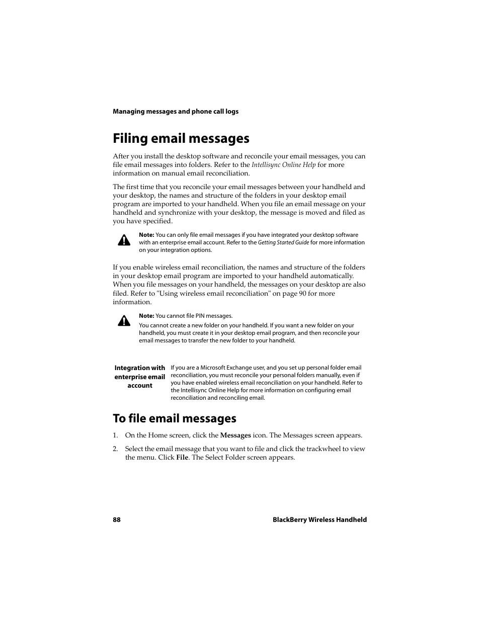 Filing email messages, To file email messages | Blackberry 6710 User Manual | Page 88 / 309