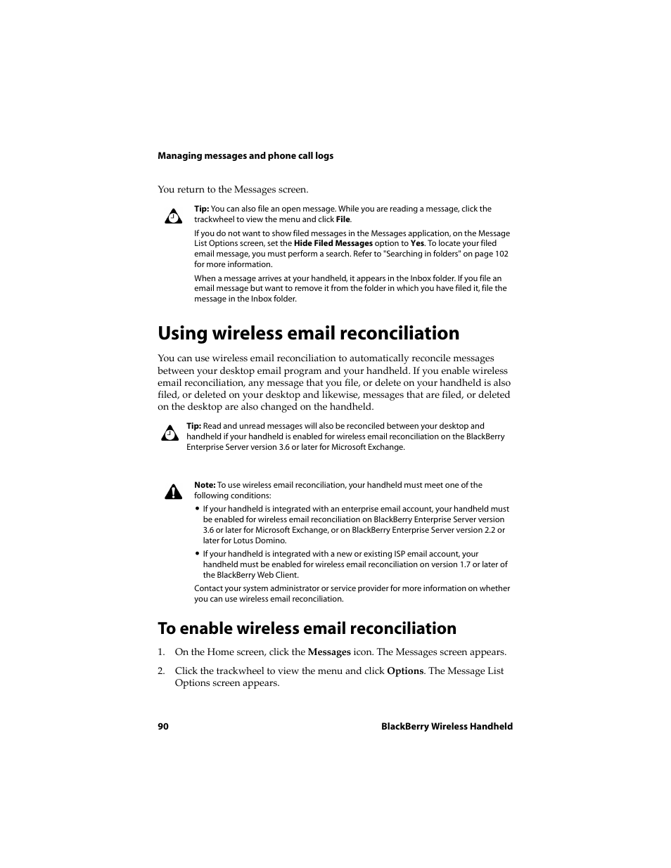Using wireless email reconciliation, To enable wireless email reconciliation | Blackberry 6710 User Manual | Page 90 / 309