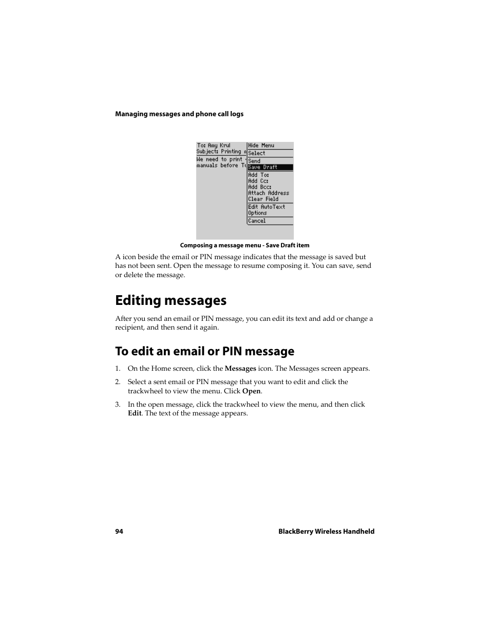 Editing messages, To edit an email or pin message | Blackberry 6710 User Manual | Page 94 / 309