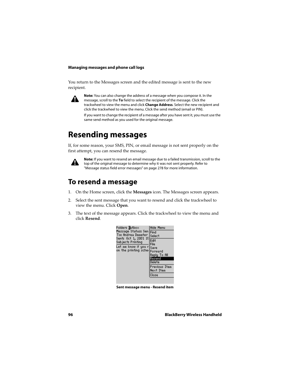 Resending messages, To resend a message | Blackberry 6710 User Manual | Page 96 / 309