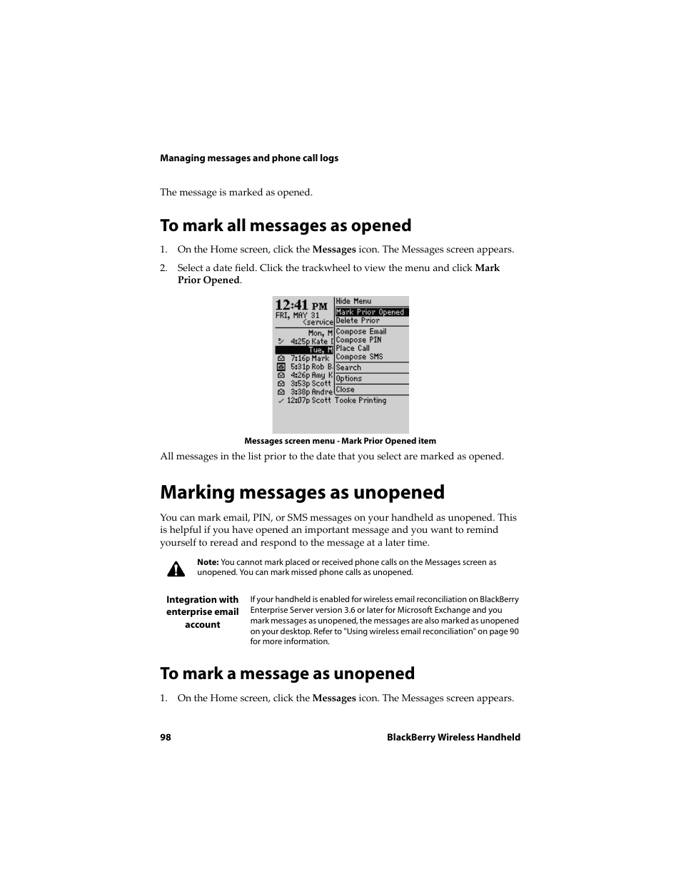 To mark all messages as opened, Marking messages as unopened, To mark a message as unopened | Blackberry 6710 User Manual | Page 98 / 309